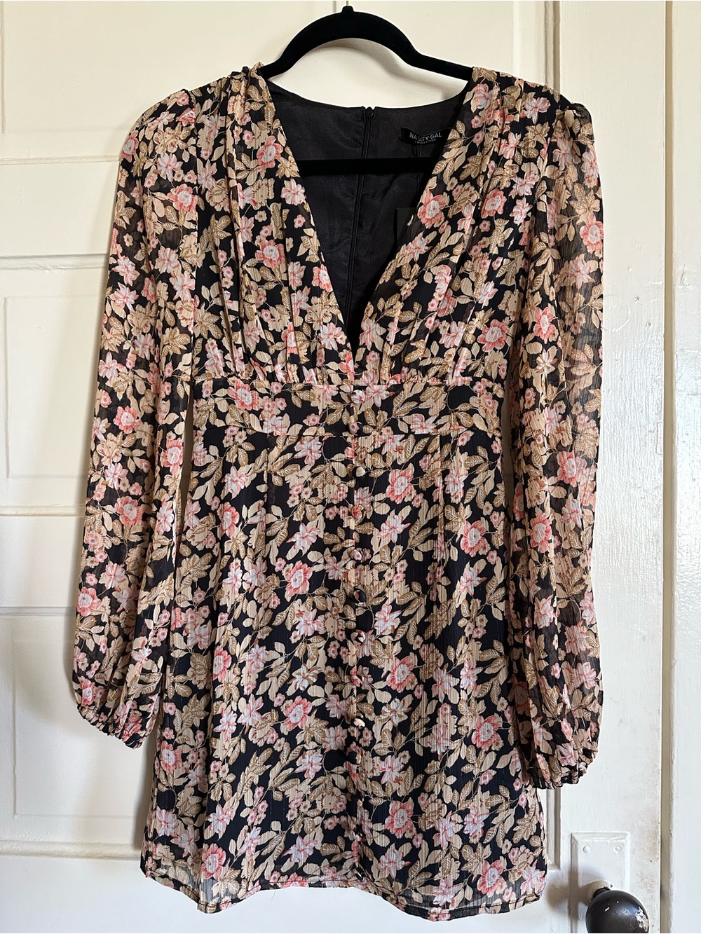 Nasty Gal Black Floral V-Neck Mini Dress with Pink & Tan Blooms